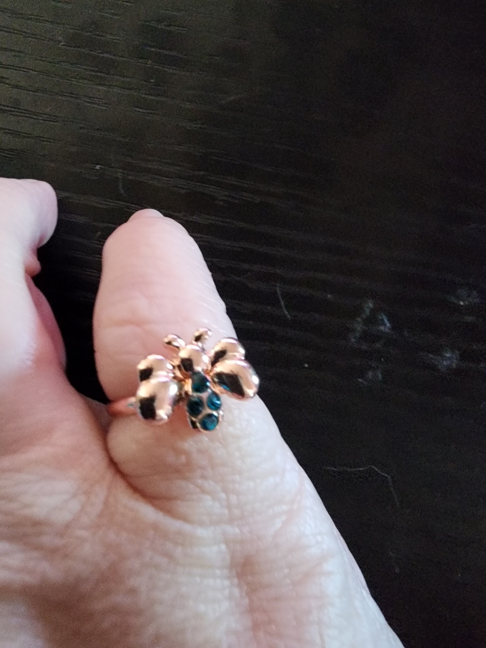 Rose Gold Bee Ring with Teal Stones - Women's Fashion Jewelry